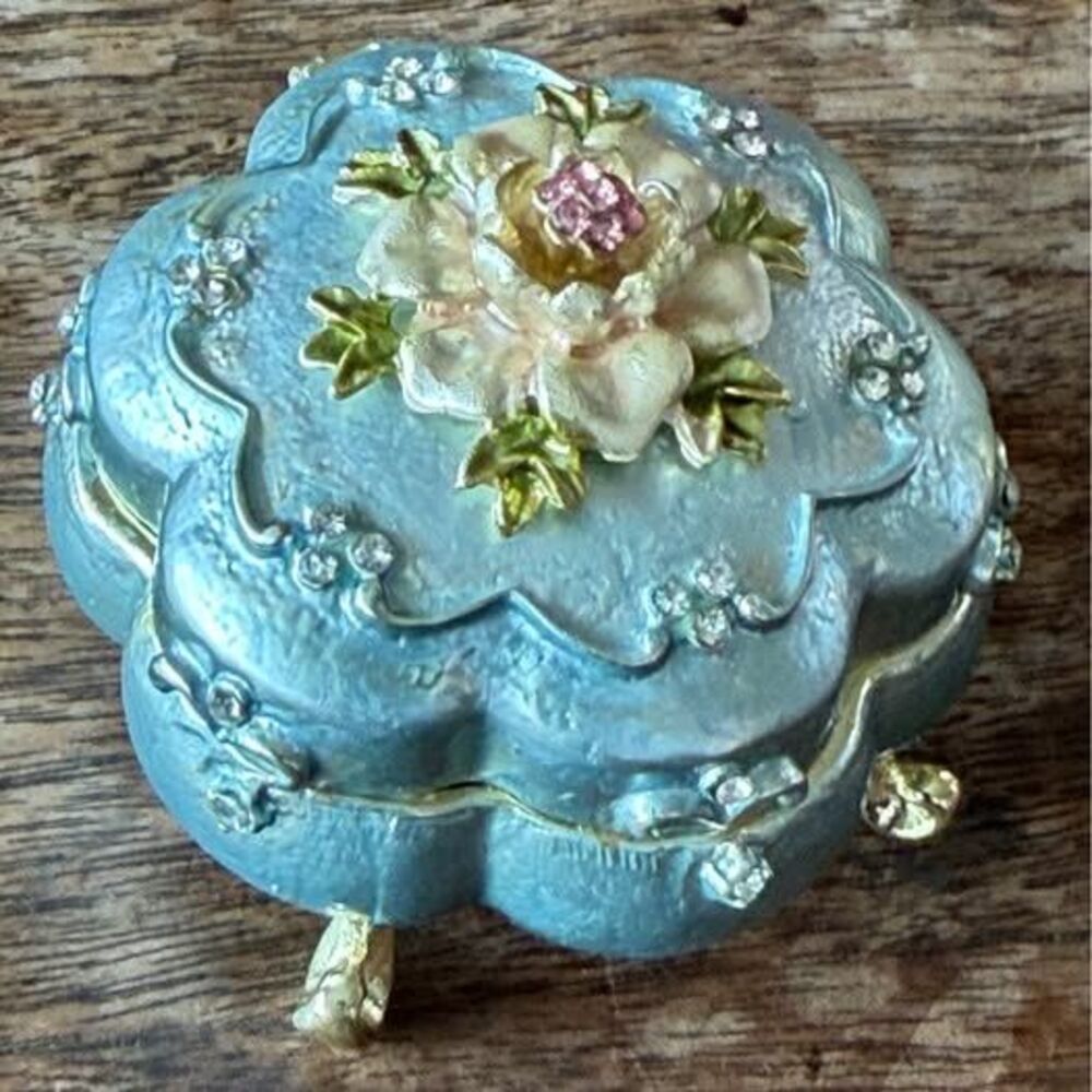 Floral Rhinestone Trinket Box with Pink Enamel Flower Accent